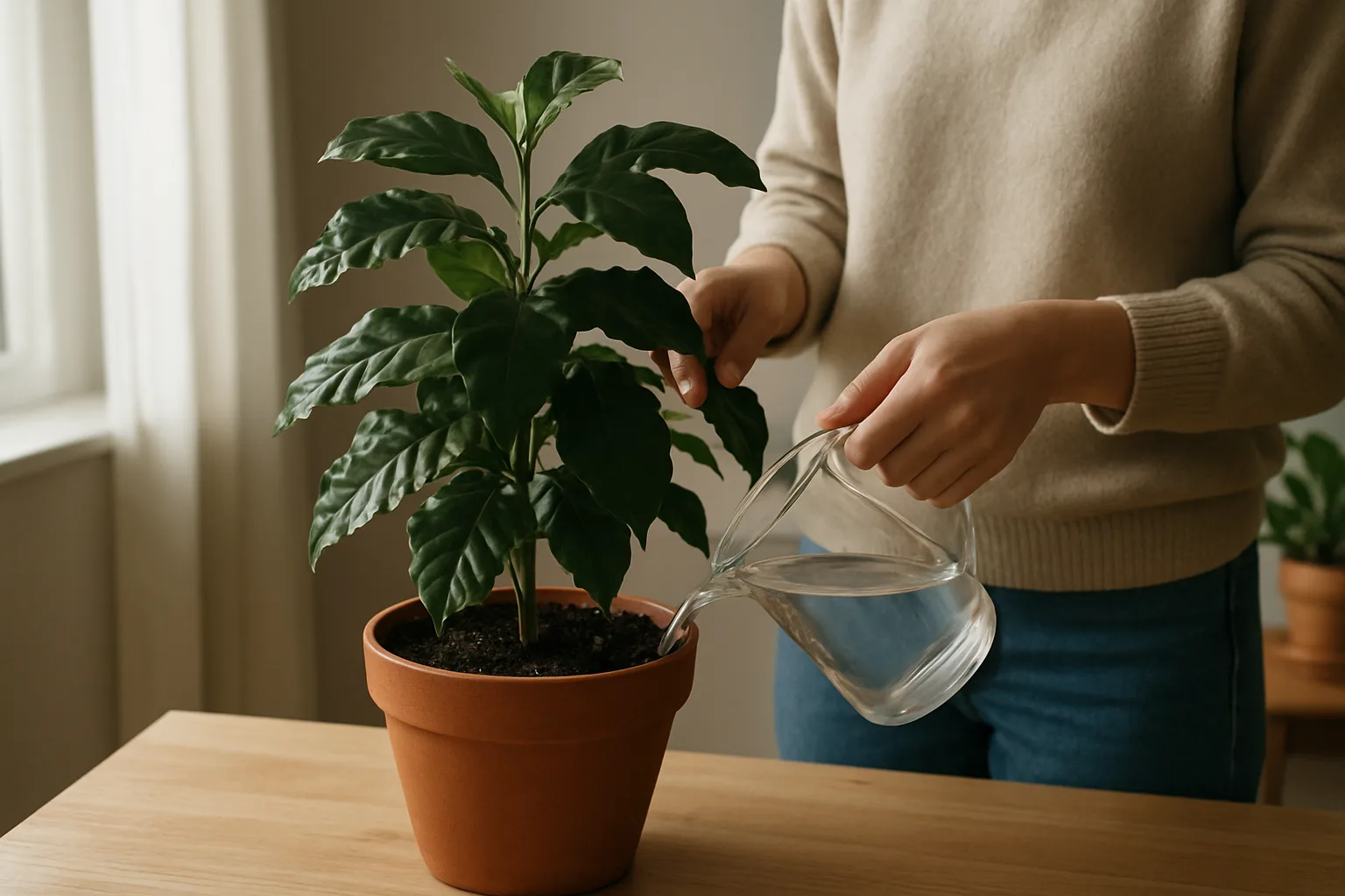 Cuidados esenciales, riego y luz adecuada para la planta de café en ambiente casero